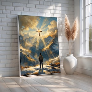 Spiritual Mountain Wall Art | Christian Canvas with Cross and Light Beams | Faith-Inspired Scenic Print for Home or Church | Ready to Hang
