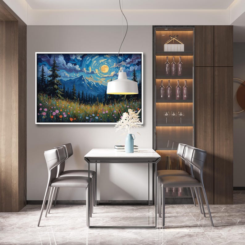 Moonlit Mountain Landscape Canvas Wall Art | Vibrant Night Sky Poster ...