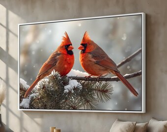 Red Cardinal Couple Canvas Wall Art | Winter Bird Nature Poster | Snowy Cardinals Love Scene | Farmhouse Home Decor | Ready to Hang