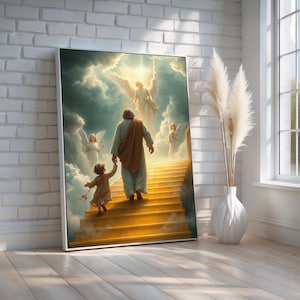 Jesus Walking Child to Heaven Wall Art | Comforting Christian Canvas with Angels & Golden Steps | Faith and Memorial Decor | Ready to Hang