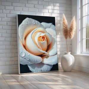 White Rose Wall Art | Hyper-Realistic Floral Canvas Print with Dewdrops | Elegant Romantic Flower Decor | Soft Neutral Art | Ready to Hang