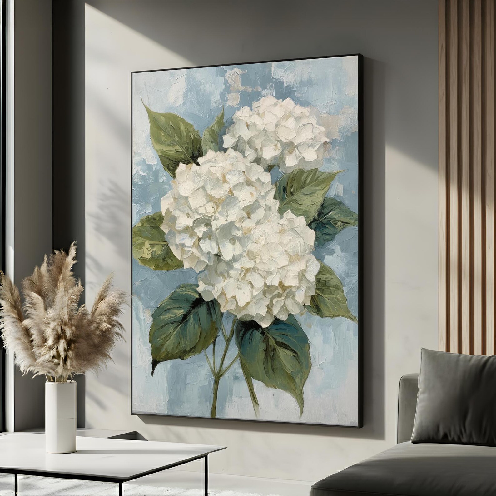 White Hydrangea Canvas Wall Art | Blue Floral Botanical Painting ...