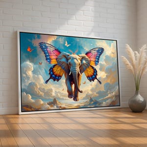 Surreal Elephant Wall Art | Flying Elephant with Butterfly Wings Canvas Poster | Whimsical Dreamscape Artwork for Kids, Home, or Gift