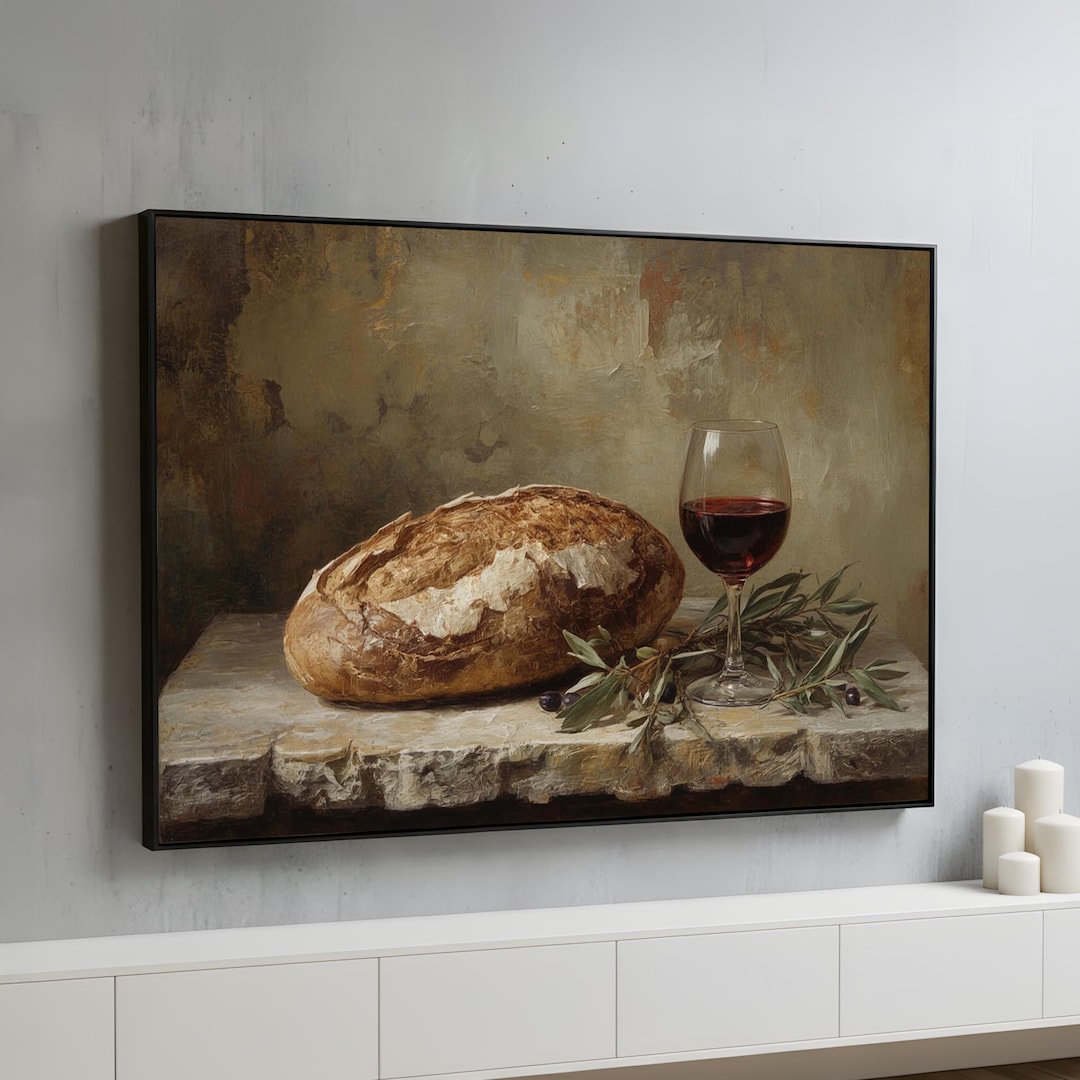 Rustic Bread and Wine Canvas Wall Art | Classic Still Life Painting ...