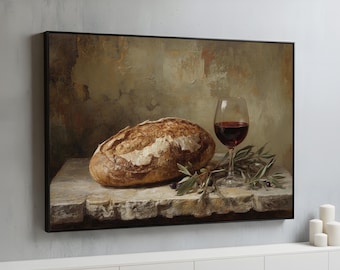 Rustic Bread and Wine Canvas Wall Art | Classic Still Life Painting Decor | Old World Kitchen Dining Room Artwork Ready to Hang