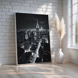 Black and White Cityscape Poster | Modern NYC Skyline Night Photography | Empire State Building Print | Urban Wall Art | Ready to Hang
