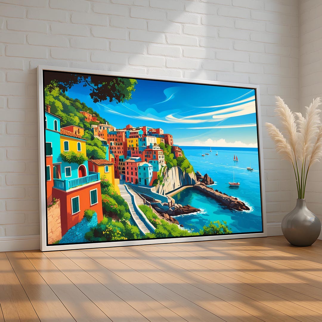 Colorful Coastal Village Wall Art | Vibrant Mediterranean Canvas or ...