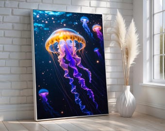 Glowing Jellyfish Wall Art | Bioluminescent Ocean Canvas | Underwater Fantasy Decor for Bathroom or Bedroom | Coastal Vibes | Ready to Hang