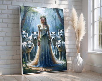Forest Queen with White Wolves | Enchanted Fantasy Canvas & Poster | Mystical Nature Wall Art for Home or Office | Ready to Hang