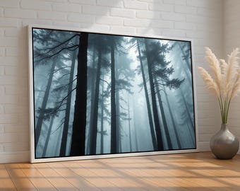 Misty Pine Forest Wall Art | Moody Foggy Woodland Landscape Canvas | Nature Photography Print | Dark Forest Aesthetic | Ready to Hang
