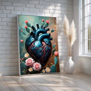 Anatomical Heart Wall Art | Surreal Canvas or Poster | Heart with Roses and Cactus Painting | Symbolic Botanical Decor | Ready to Hang