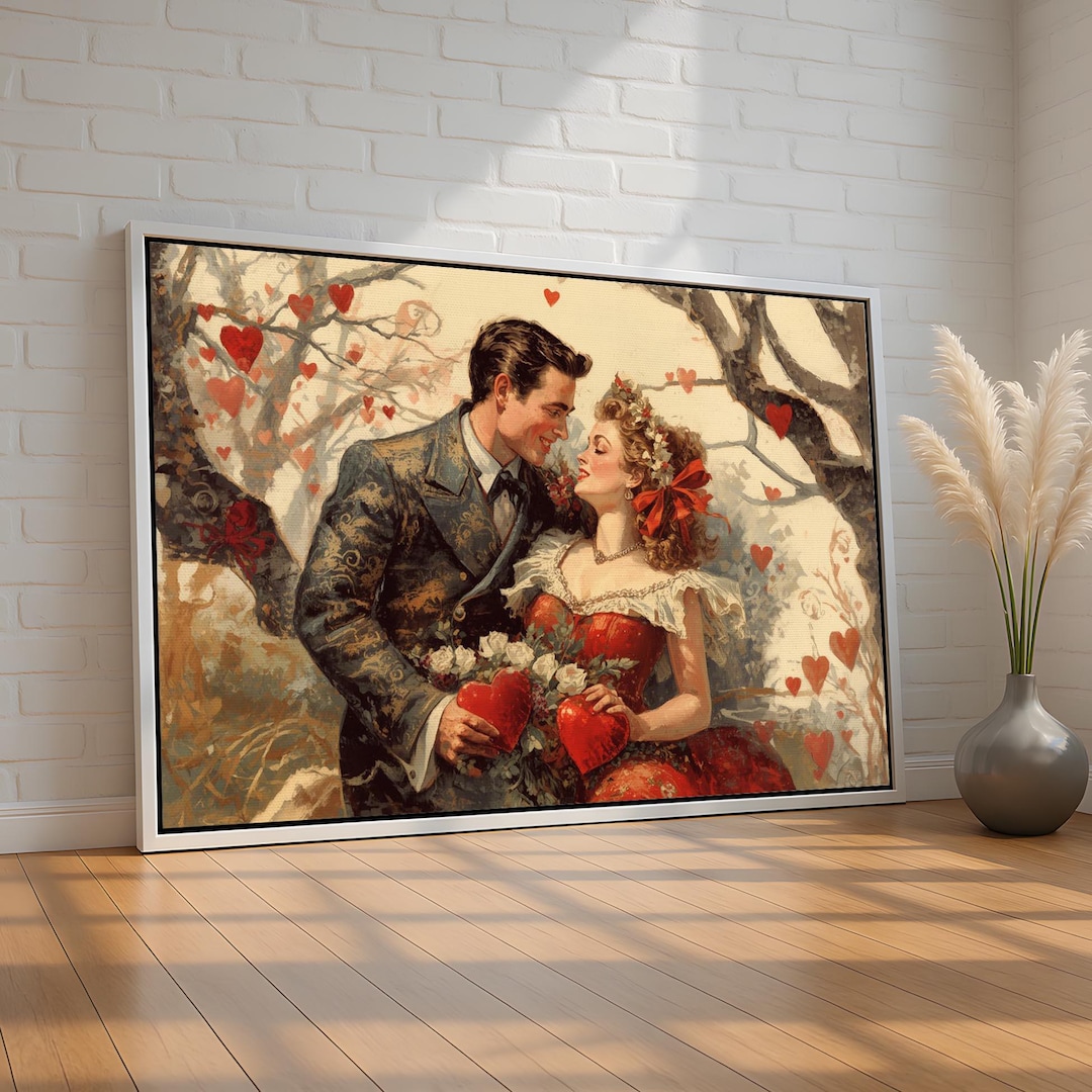 Vintage Romantic Couple Canvas Wall Art | Classic Love Illustration ...