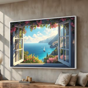 May include: A framed print depicts an open window overlooking a coastal scene. The view includes a blue sea, sailboats, and a town nestled on a hillside. Pink flowers frame the window, adding a touch of color.