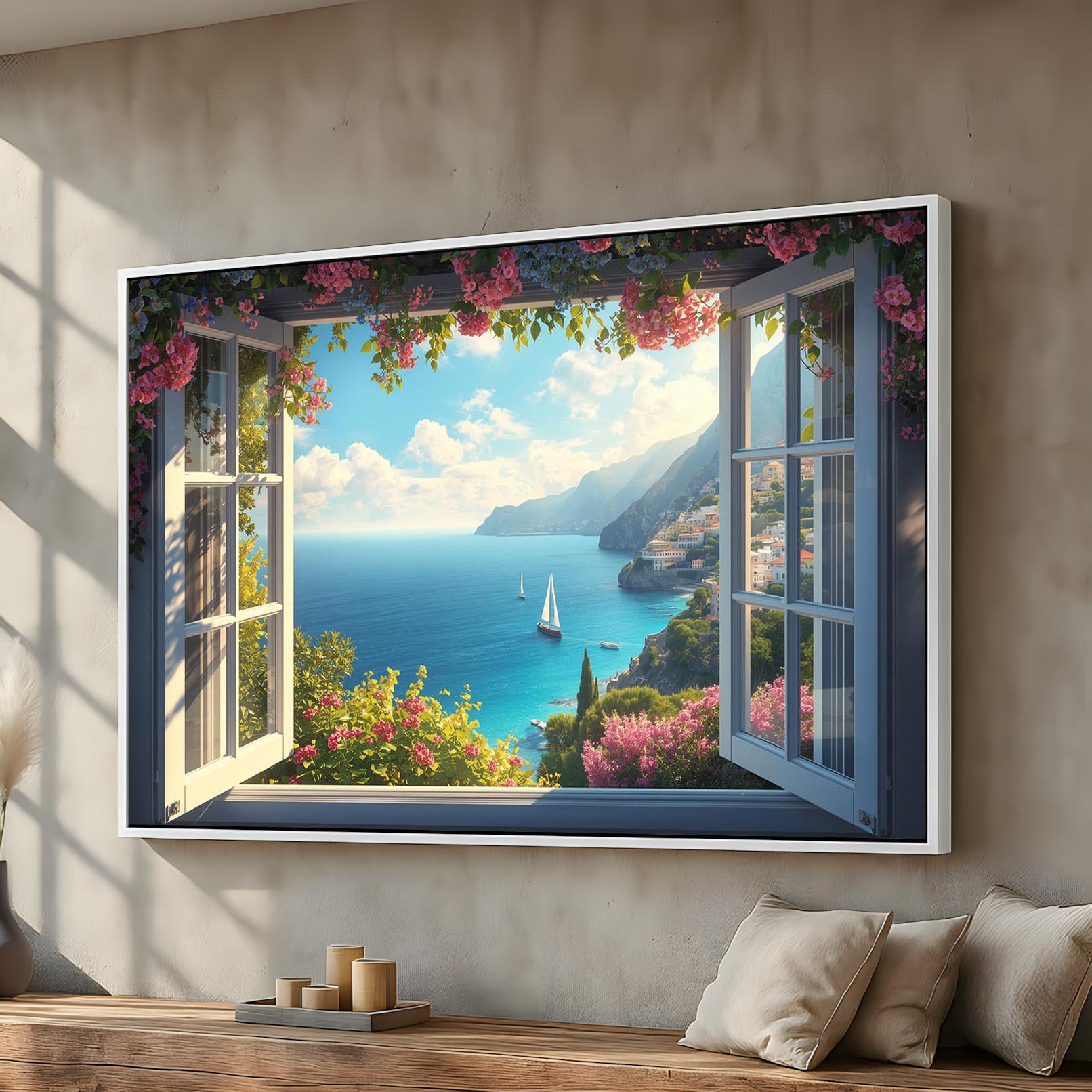 Mediterranean Coastal View Canvas Wall Art | Amalfi Style Ocean Window ...