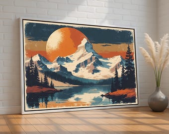 Retro Mountain Wall Art | Vintage National Park-Style Landscape | Bold Sunset Colors | Cabin or Lodge Decor | Gift | Ready to Hang