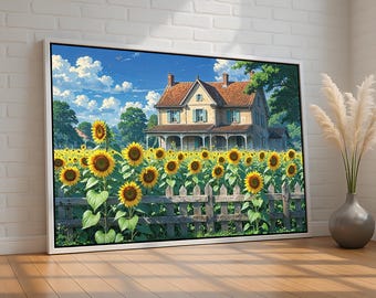 Sunflower Farmhouse Landscape | Rustic Country Canvas & Poster | Bright Summer Field Wall Art for Home or Gift | Ready to Hang