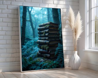 Mystical Book Stack Poster | Enchanted Forest Library Wall Art | Fantasy Storybook Decor for Readers & Writers | Ready to Hang