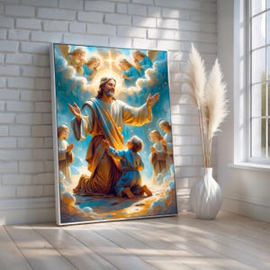 Póster de Jesús celestial y el Niño / Arte mural cristiano con ángeles / Impresión religiosa espiritual para el hogar o la iglesia / Decoración inspiradora de fe
