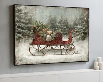 Vintage Red Christmas Sleigh | Rustic Winter Wall Art | Classic Holiday Canvas with Gifts & Snowy Pine Trees | Farmhouse Decor Ready to Hang