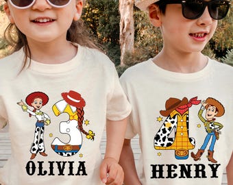 Maglietta di compleanno di Toy Story, maglietta di compleanno di Woody e Jessie, maglietta personalizzata per il compleanno di Woody, maglietta per la festa di compleanno di Buzz Lightyear, Toy Story Kids