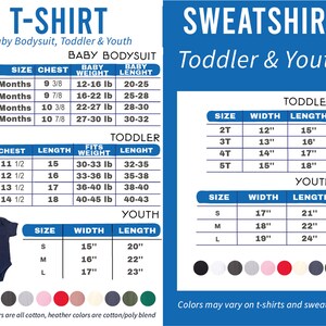 a baby bodysuit size guide for a toddler and youth