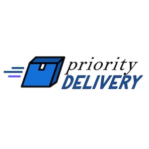 Op de afbeelding: Een blauwe doos met een wit label en een zwarte omtrek, met een paarse en blauwe vervaging erachter. De tekst "priority DELIVERY" is in zwart en blauw.