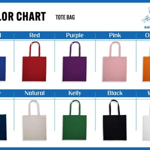 a color chart for a variety of tote bags, with each bag color listed and its corresponding name.