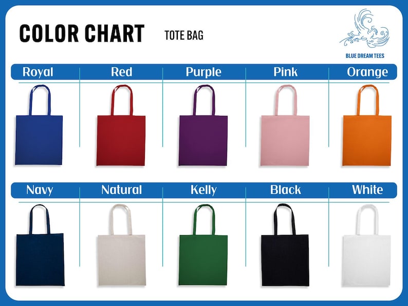 a color chart for a variety of tote bags, with each bag color listed and its corresponding name.