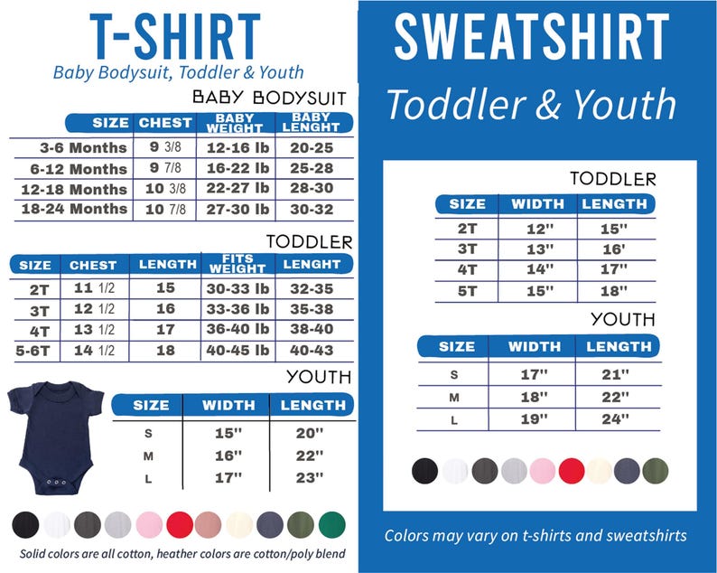a baby bodysuit size guide for a toddler and youth