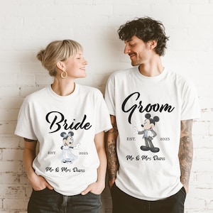 Camiseta Disney de novios, camiseta personalizada de boda Disney, camiseta Disney de recién casados, camiseta Minnie de novia, camiseta Mickey y Minnie de boda