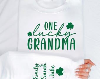 One Lucky Grandma Sweatshirt: Nana with Children Name on Sleeve, Custom St Patrick's Day T-shirt, Lucky Nana Tee, Irish Grandma Hoodie
