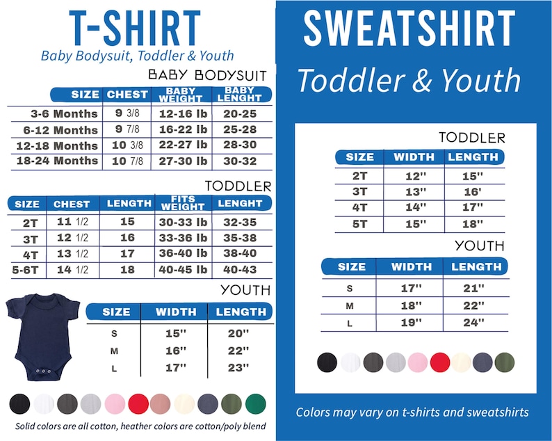 a baby bodysuit size guide for a toddler and youth