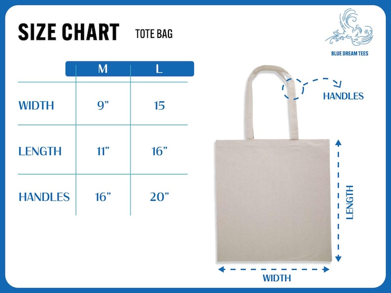 The image is a size chart for a tote bag, providing measurements for width, length, handles, and handles.