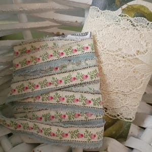 Coquette schattig handgescheurd lintpakket met blauwe en roze roos streepprint. Met kaart met kanten rand