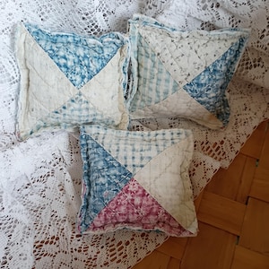 Trio of mini quilt pillows. Tier tray, shelf decor. farmhouse decor. Antique quilt decor