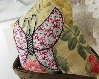 Antiek quilt appliqué vlindertuinkussen. Katoenen canvas en appliqué uit de jaren 1920