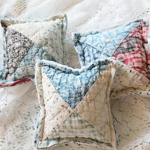 Trio of mini quilt pillows. Tier tray, shelf decor. farmhouse decor. Antique quilt decor