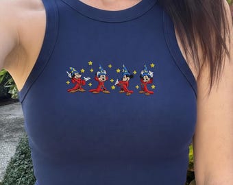 Vintage Magic Wizard Mouse Embroidered Tank Top, Retro Cartoon Multi Pose Graphic, Cute Aesthetic Minimal Chest Design, Summer Casual Shirt