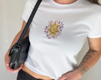 Embroidered Rapunzel Sun Baby Tee, Tangled Inspired Golden Sun Shirt, Minimal Princess Floral Crop Top, Cute Fantasy Aesthetic Outfit