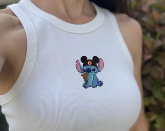 Canotta con orecchie di Topolino e Stitch ricamate, canotta corta a coste Disney, maglietta carina di Lilo e Stitch, completo per la famiglia di Disneyland
