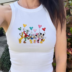 Disney Friends Tank Top Mickey Minnie Pluto Goofy Donald Daisy, Cute Balloon Graphic Shirt, Women Summer Outfit