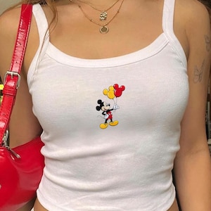Mickey Mouse Embroidered Women’s Crop Tank Top, Cute Cartoon Balloon Design, , Casual Summer Wear, Gift For Disney Lovers