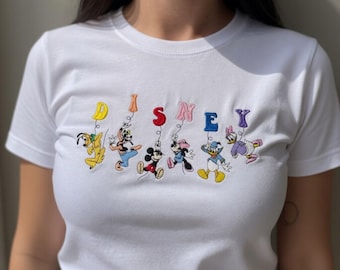 Embroidered Disney Characters Baby Tee, Mickey Minnie Donald Daisy Goofy Pluto Shirt, Cute Cartoon Letter Design Top, Outfit Gift For Women