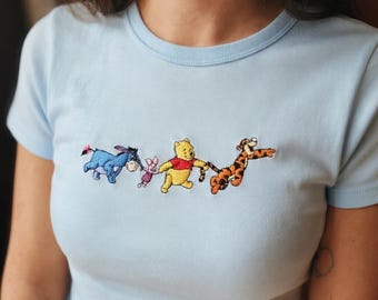 Winnie the Pooh and Friends Embroidered Baby Tee, Eeyore, Piglet, Pooh, and Tigger Cartoon Design, Cute Aesthetic Casual Women Top