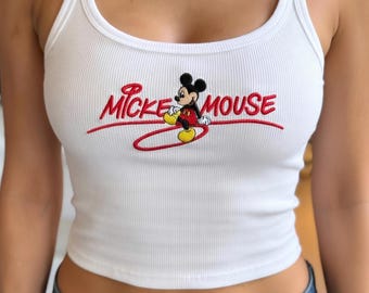 Mickey Mouse Y2K Embroidered Tank Top, Classic Cartoon Character Design, Red Mickey Text with Cute Pose, Disney Aesthetic Y2K Summer Top