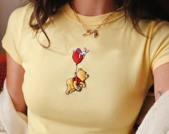 Winnie the Pooh and Piglet Embroidered Baby Tee, Cute Cartoon Friends Design with Balloon, Yellow Aesthetic Casual Women Top