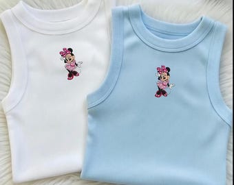 Ribbed Fitted Crop Tank With Cute Minnie Style Embroidery, Minimalist Cartoon Graphic Top, Y2K Aesthetic Sleeveless Summer Tee