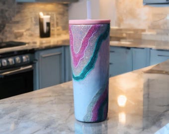 24 oz. Handmade Geode Glitter Tumbler, Teal Pink Resin Cup, Personalized Gift