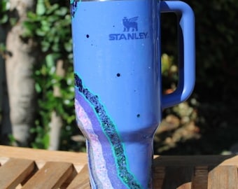 40 oz Stanley Tumbler, Blue Geode Glitter Epoxy, Iridescent Crystal Design