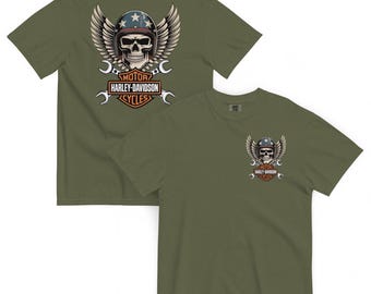 Camiseta unisex teñida en prenda con estampado de calavera de Harley Davidson.